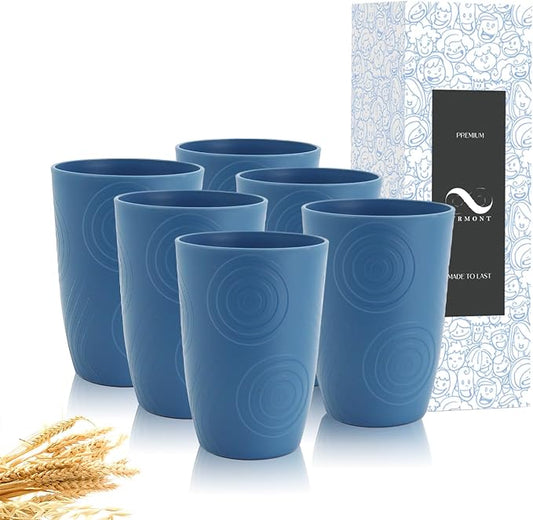 PYRMONT Wheat Straw Cups 16 Oz Alternative Plastic Cups Set of 6 Unbreakable Water Cups for Kitchen Dishwasher & Microwave Safe Drinking Cups for Camping,Office,RV Stackable Cups-Darkblue
