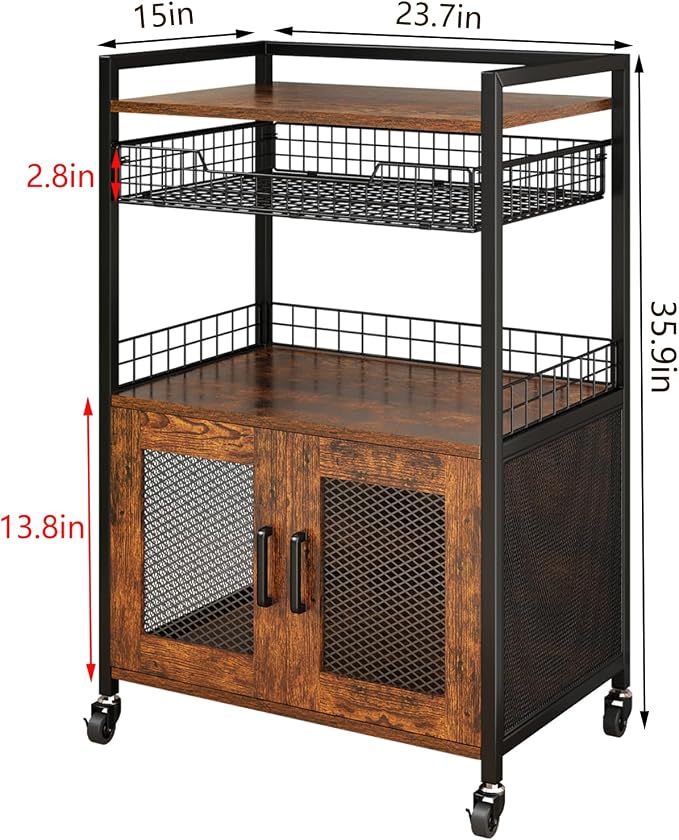 Hencawima Coffee Bar Cabinet, 3 Tier Coffee Station Table on Wheels, 35.9" H Bar Cart with Wire Basket Drawer & 5 Hooks for Home Kitchen, Liquor Buffet Sideboard Cabinet (Rustic Brown)