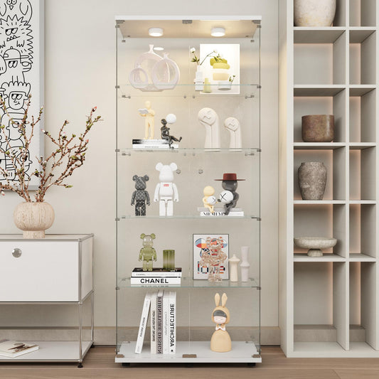 Beauty4U Glass Display Cabinet with Lights, 5 Shelves with 2 Doors, Curio Cabinets for Living Room, Bedroom, Office, White Floor Standing Glass Bookshelf, Quick Installation