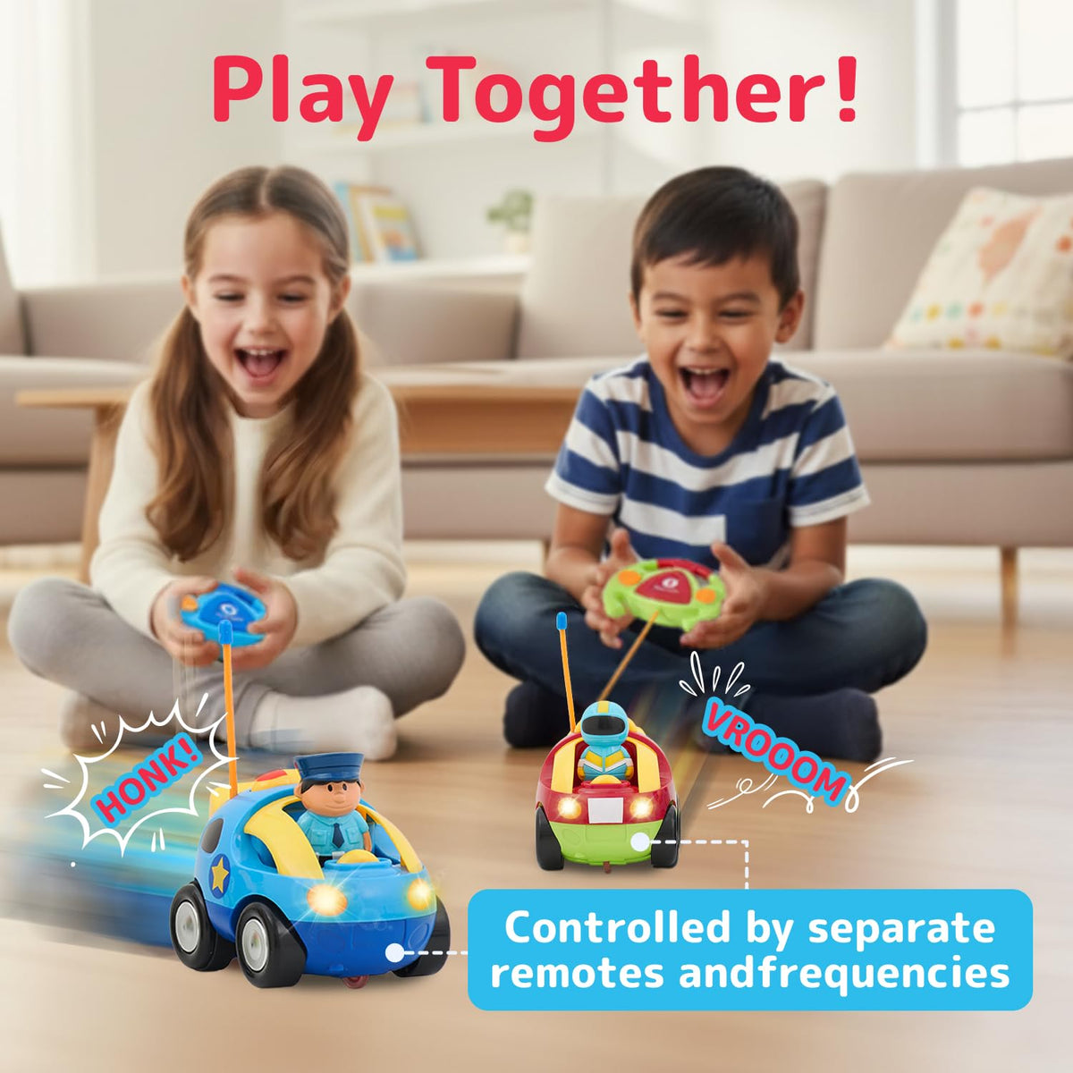 PREXTEX 2 Pack Cartoon Remote Control Cars for Toddlers - Police Car and Race Car with Steering Wheel Controllers and Lights - Different Frequencies Racing Together - Easter Toddler Gift 18+ Months