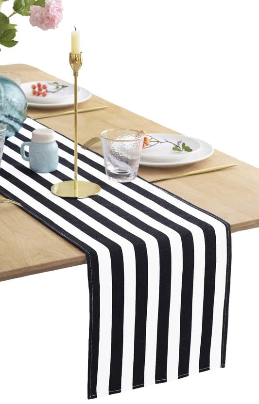 BOXAN Classic Black and White Striped Table Runner, Modern Stripes Pattern Elegant Cotton Canvas Table Top Decor for Art Deco Wedding, Bridal Shower, Bachelorette Party Decorations, 12" x 72"