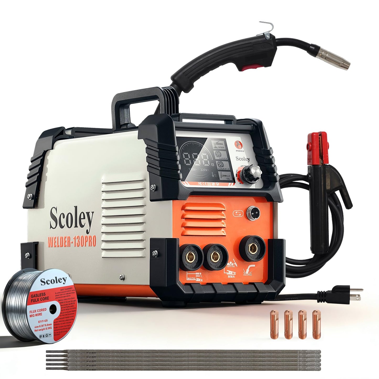 Scoley 130A MIG Welder 110V, Flux Core Welder with Digital Display, 3-in-1 Gasless MIG/Lift TIG/Stick Welding Machine, IGBT Inverter Portable Mini Welder for Home DIY, with Gloves & Mask
