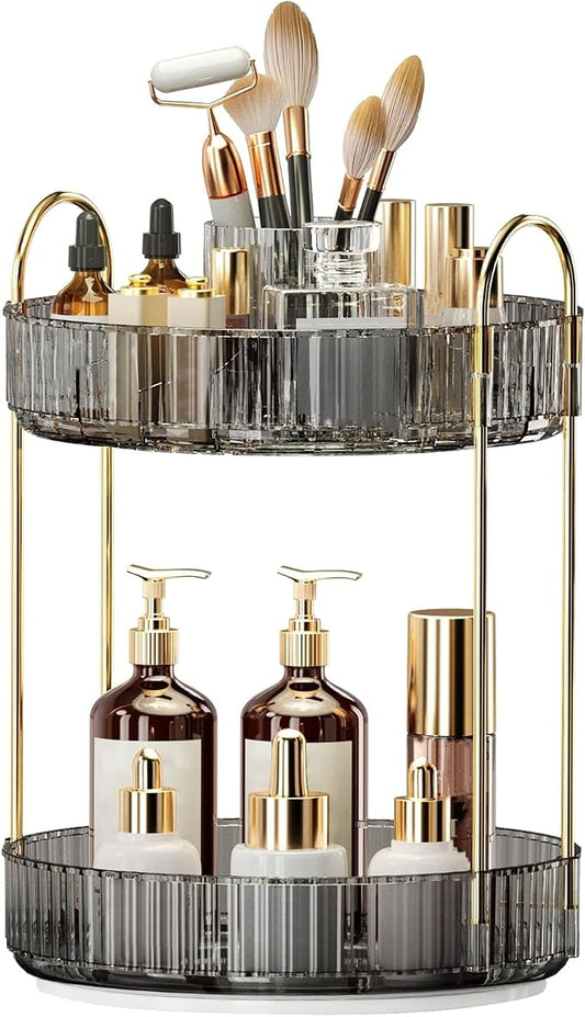 360° Rotating Makeup Organizer, Large-Capacity Skincare Make Up Storage 2 Tier Perfume Organizers Cosmetic Dresser Organizer with Makeup Brush Holder, Fits Bedroom, Bathroom, Vanity Shelf Countertop
