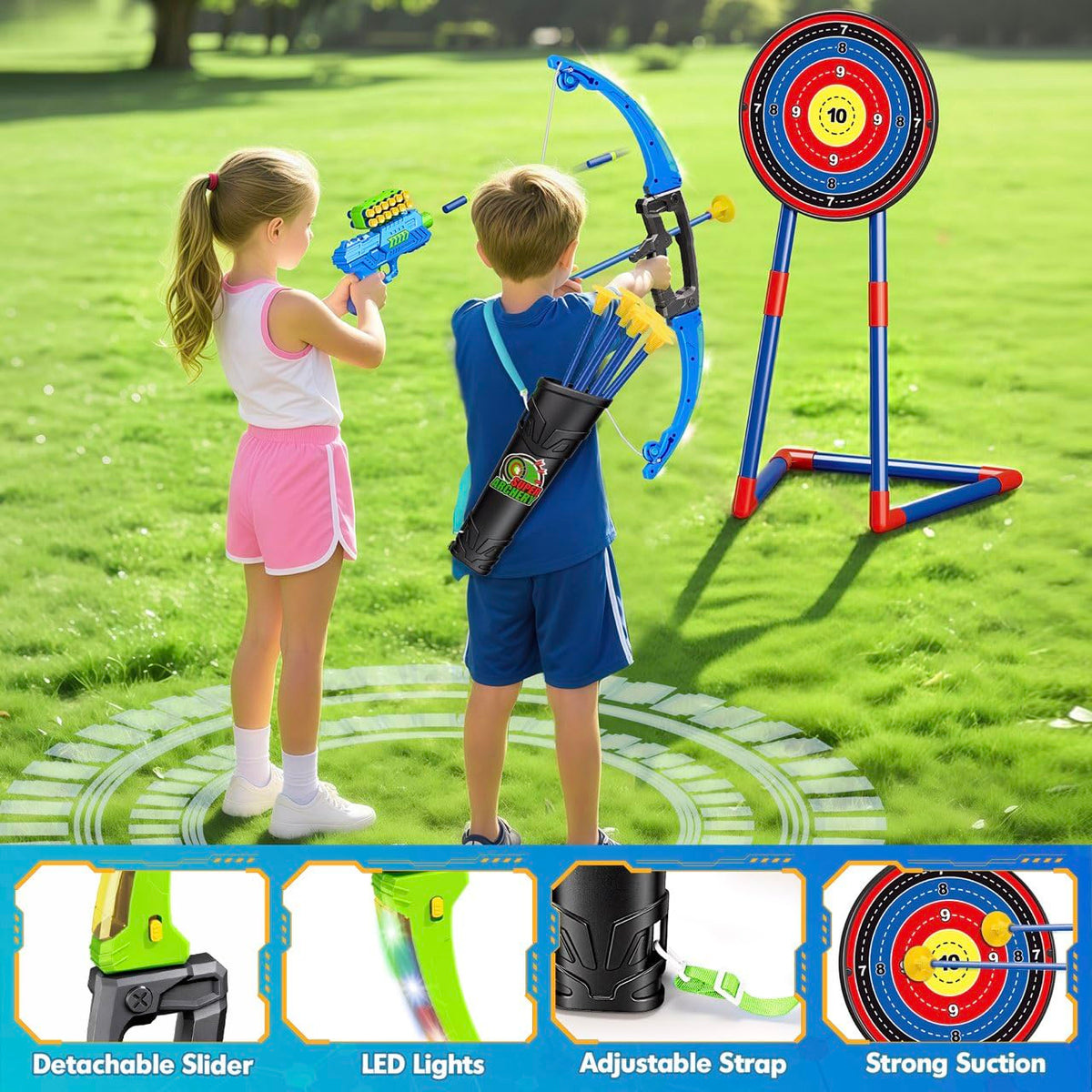polokping 2 Pack Bow and Arrow Toy for 5 6 7 8 9 10+ Year Old Boys, Ideal Gift for Kids, Indoor Outdoor Shooting Game Toy for Ages 4-8 8-12, LED Light Up Archery Set with 12 Suction Cup Arrows