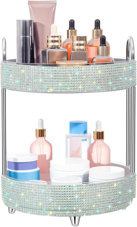Honeydak 360 Rotating Perfume Organizer Gift for Women, Rhinestone Preppy Skincare Organizer Bathroom Counter Makeup Holder Skincare and Perfume Storage for Cosmetic(2 Tiers,Resin Diamond,AB Color)