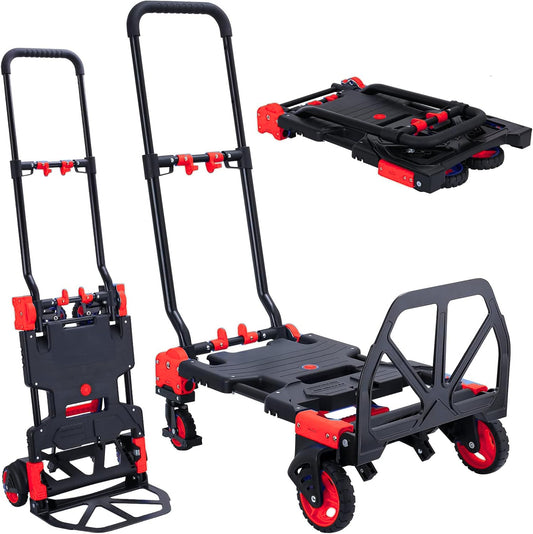 2-in-1 Folding Hand Truck Dolly 330LB Load Carrying, Hand Truck Foldable Dolly with Retractable Handle and 4 Rubber Wheels, Portable Folding Hand Cart for Moving/Travel/Office(Red)