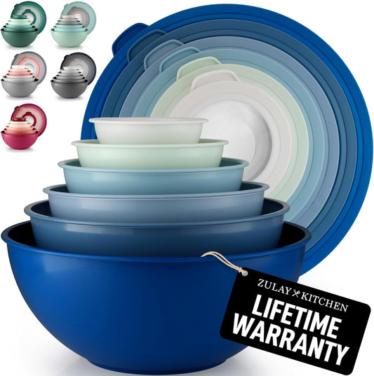 Zulay Kitchen 12-Piece Mixing Bowls Set - Leak-Proof, Microwave & Freezer Safe, Non-Slip Design | Blue Ombre