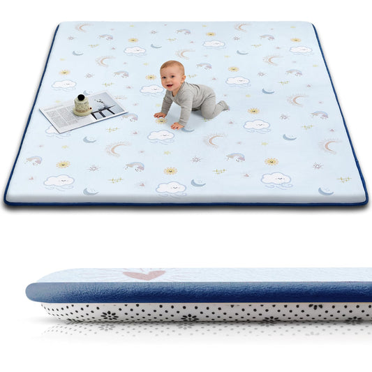 TreeBud Baby Play Mat for Floor, 1.3-Inch Thickened Foam Soft Padded Playmat for Tummy Time, 71x79 Water-Repellent Coral Velvet Playpen Mat for Toddlers Infant Kids, Sky Theme