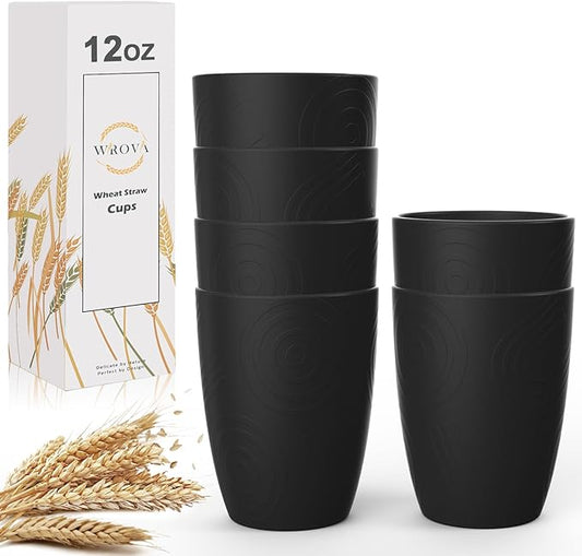 Wrova Wheat Straw Cups 6 PCS Good Alternative to Plastic Reusable Cups 12 oz Unbreakable Drinking Cup Reusable Dishwasher Safe Water Plastic Glasses Black