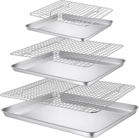 P&P CHEF Baking Sheet Set - Stainless Steel Cookie Sheets with Cooling Racks | 16", 12.5", 9" Sizes