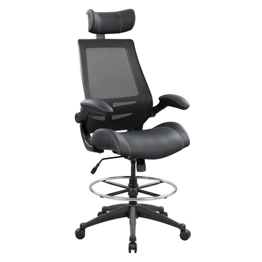 BOLISS Tall Ergonomic Office Chair, Sustainable Tech-Leather Drafting Chair with Adjustable Foot Ring, 90° Flip-Up Arms Space Saving Mesh Computer Desk Chair for Standing Desk Executive Work 8+ Hours