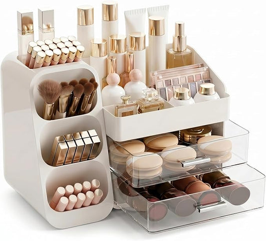 Makeup Organizer for Vanity - Large Skincare Organizers Countertop, Cosmetic Organizer with Brush Holder and 2 Drawer, Makeup Storage for Lipsticks, Nail Polishes, Eyeshadow Palettes, White
