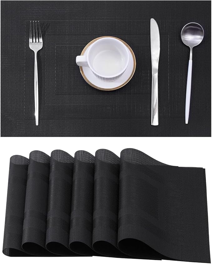 Leetaltree Black Frame Placemats Set of 6 - Heat Resistant Non-Slip Place mats for Dining Table, Washable Durable PVC Vinyl Woven Table Matsï¼Black Frame, 6ï¼