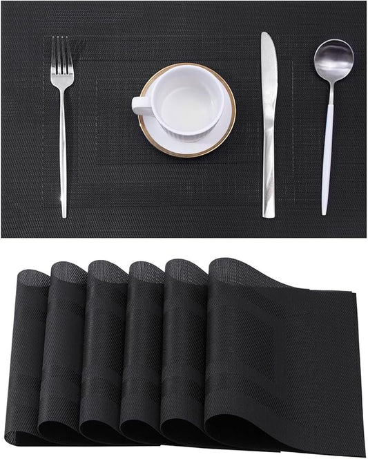 Leetaltree Black Frame Placemats Set of 6 - Heat Resistant Non-Slip Place mats for Dining Table, Washable Durable PVC Vinyl Woven Table Matsï¼Black Frame, 6ï¼