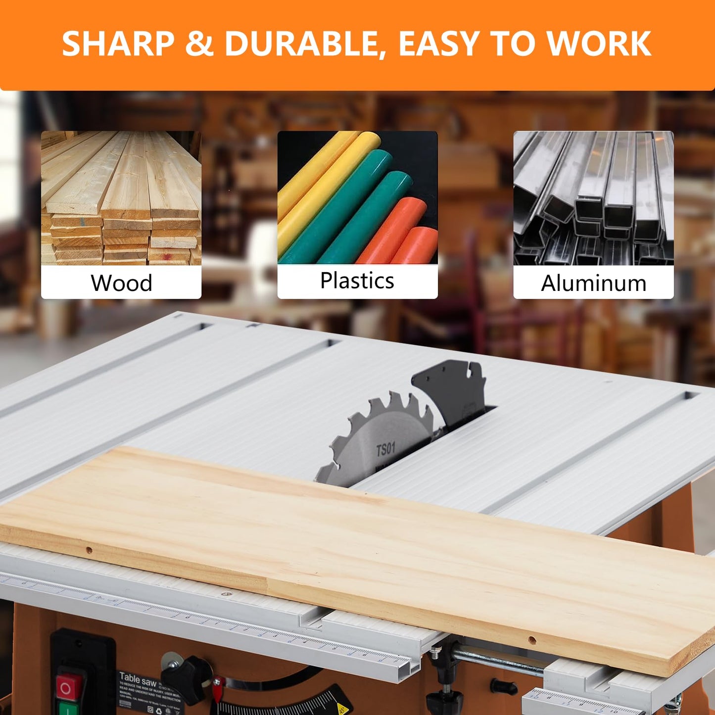 Table Saw, 10 in 15A Multifunctional Saw with Stand & Push Stick for Jobside, 90° Cross Cut & 0-45° Bevel Cut, Cutting Speed Up to 5000RPM, Adjustable Blade Height, Ideal for Woodworking, Orange