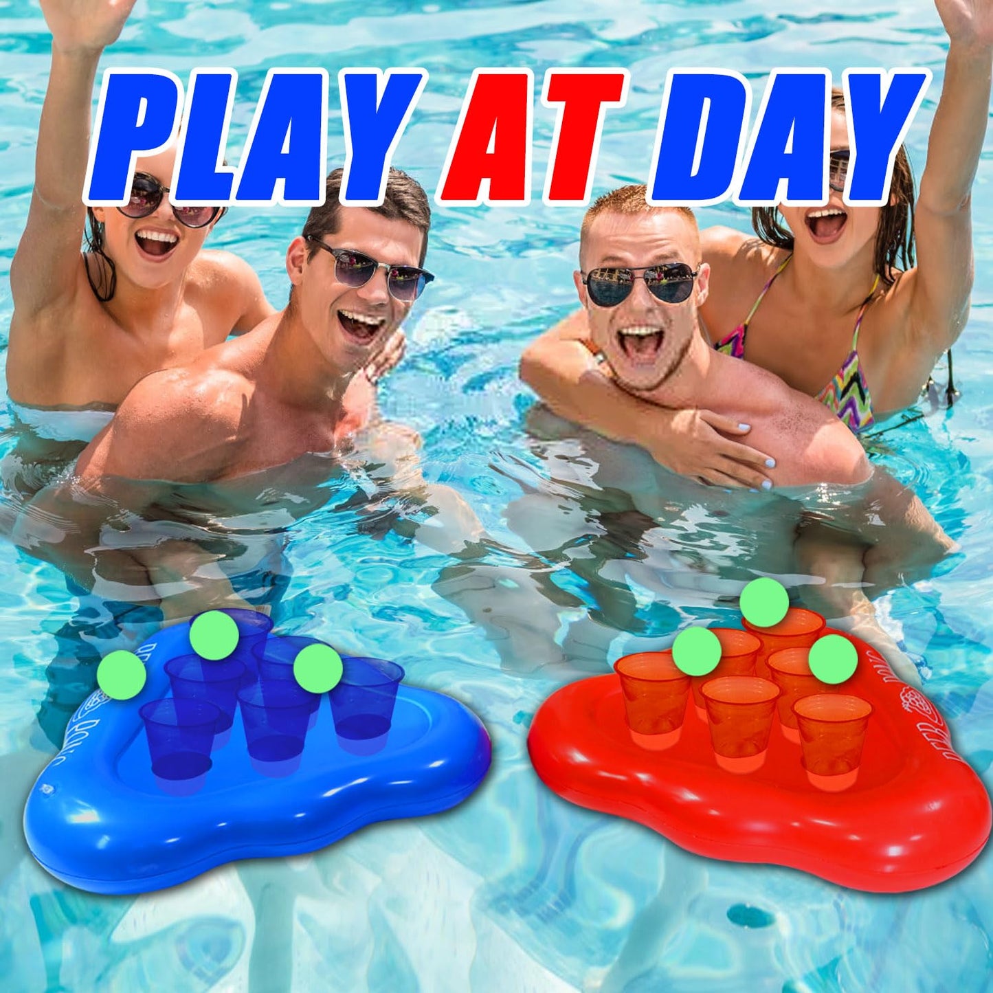 mishunyus 20 Pcs Glow Pool Pong Games,Light Up Floating Pool Games,Pool Party Games for Daytime/Nighttime,2 Inflatable Pong Rack(Red & Blue),12 Glow Cups, 6 Glowing Balls