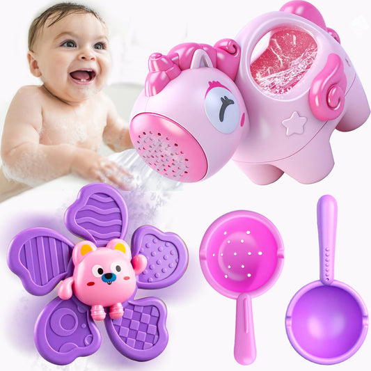 Baby Bath Toys for Kids Ages 1-3, Bathtub Toys for Babies 6-12-18 Months Toddlers, Suction Cup Spinner Toys & Unicorn Watering Can, Sand Beach Pool Water Table Toys for Infants Girls 1 2 3 4(Pink)