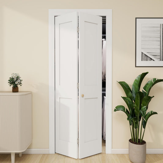 Brosisincorp 30" x 80" Shaker Bifold Closet Door, Solid Wood Core Interior Folding Door, Pre-Assembled & Paintable, Complete Hardware Kit Included, White 2-Panel