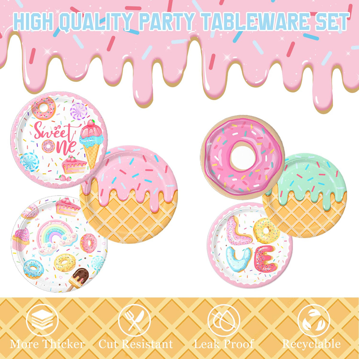Sweet One Birthday Party Decorations Includes Plates, Napkins, Cups, Cutlery, Cake & Cupcake Toppers, Banner, Hanging Swirls, Tablecloth, Balloons for Girl Donut First Birthday Decorations, Serve 24