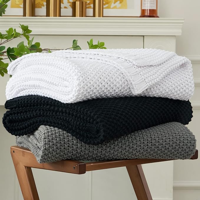 Longhui bedding Chunky Cable Knit Throw Blanket Lightweight Grey 100% Organic Cotton Blanket for Sofa Couch Bed Baby Nursery, Rustic Shabby Chic Modern Farmhouse, Gray 51” x 63” Give Laundering Bag