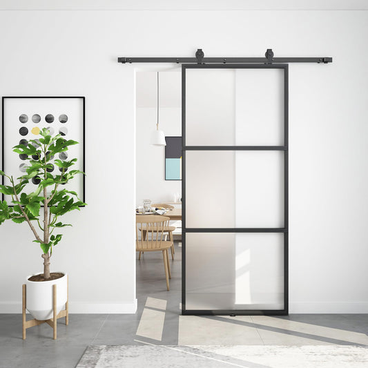 BARNSMITH 34in x 84in Frosted Glass Barn Door with 5.7FT Top Mounted Hardware kit Include Soft Close Mechanism Black Carbon Steel Tempered Frosted Glass Sliding Door, Easy Assembly