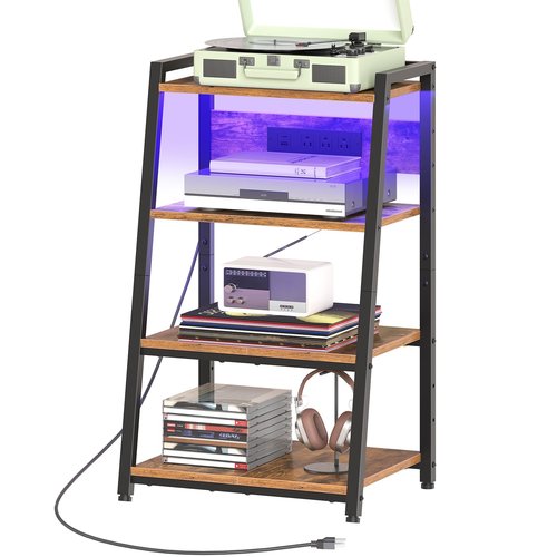 HOOBRO 4-Tier AV Media Stand with Charging Station and LED Light, Wooden Stereo Cabinet, Game Console Stand, Media Audio Rack, Record Player, Entertainment Center, Rustic Brown and Black BF106UDCJ01