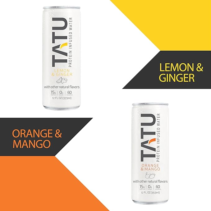 TATU Ready-To-Drink Protein Infused Water Orange Mango 24 Pack. 15 grams of whey protein isolate, 0 grams of sugar, only 60 calories. Lemon Ginger and Orange Mango. Gluten Free, lactose free.