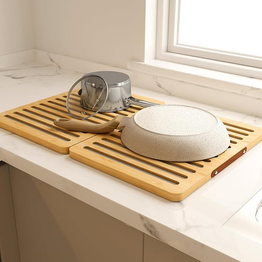 Wealone Stone Dish Drying Mat for Kitchen Counter, Fast Drying Diatomaceous Earth Stone Mat, Bamboo Foldable Case Design Pad Dish Rack, Water Absorbing Instant Dry Sink Rack for Dishes, Cups and More