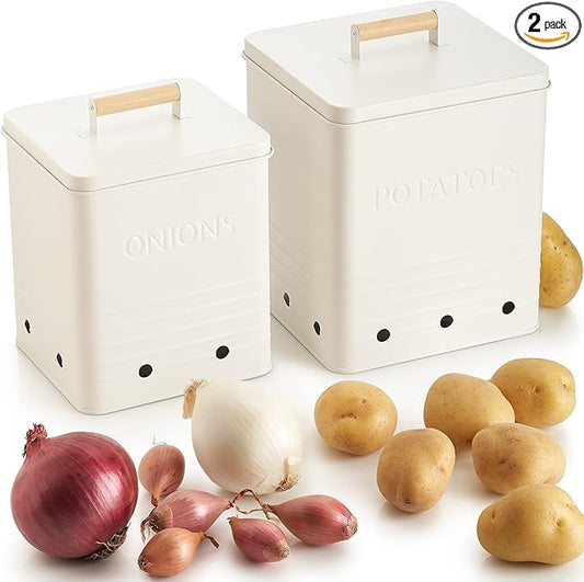 ZICOTO Beautiful Potato and Onion Storage Container Set, 10.1" & 8.9" - Perfectly Sized Spacious Canisters For Your Kitchen Counter Or Pantry - Food Safe Metal Bins Keep Produce Fresh Longer