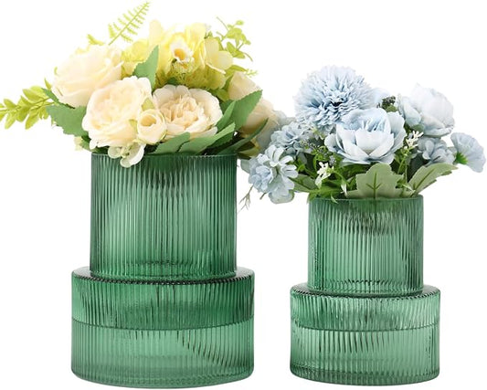 Ribbed Glass Vases for Bouquet, Set of 2 Green Vases for Flowers, Green Glass Vase for Tulips, Modern Vase for Living Room, Office, Coffe Table, Dining Table, Shelf, Wedding