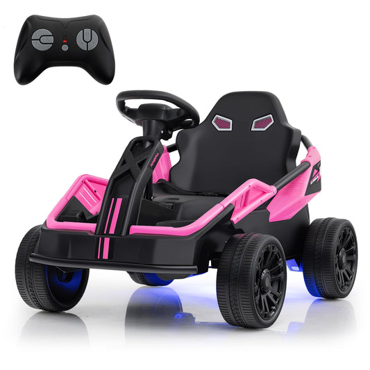 Costzon Electric Go Kart for Big Kids, 12V Ride on Race Toy Car w/Remote Control, LED Lights, 3 Speeds, 16" Wide Seat, Shock Absorbers, Horn & Music, Racing Kids Electric Kart for Boys & Girls (Pink)