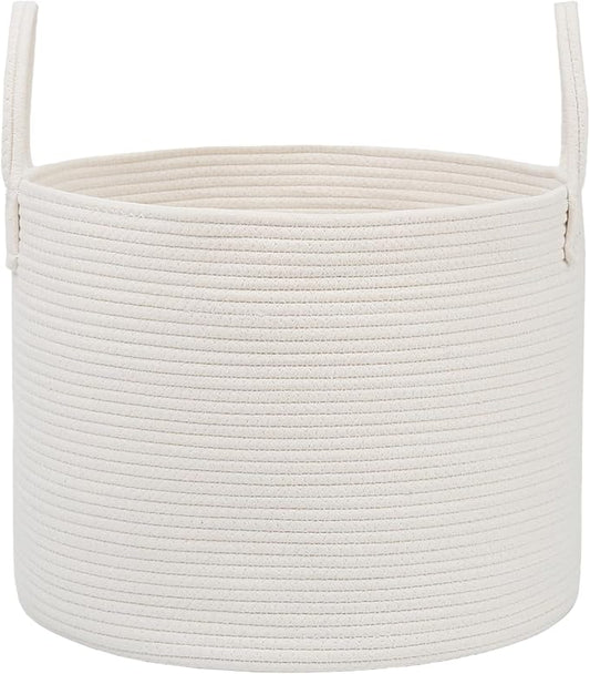 JMvicyroam 65L Extra Large Blanket Basket for Living Room - Woven Cotton Rope Laundry Hamper with Reinforced Handles - Storage Bin for Pillows, Comforters & Toys - Machine Washable,White