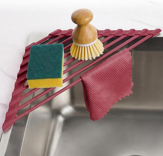 Tomorotec Small Triangle Roll-Up Dish Drying Rack with Silicone Coating Stainless Steel Frame for Sink Corners, Multipurpose Over-The-Sink Kitchen Drainer & Organizer for Space-Saving Storage-Wine red