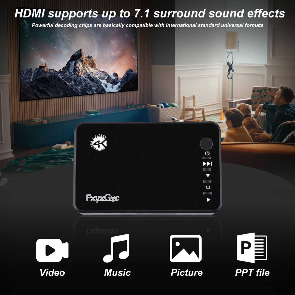 FxyxGyc 4K 4K@30Hz Output,H.265/H.264/AVC MP4/MKV/MP3/AVI/TS/Rmvb/Mov/ISO/JPG HDMI Media Player, Ultra HD Digital Media