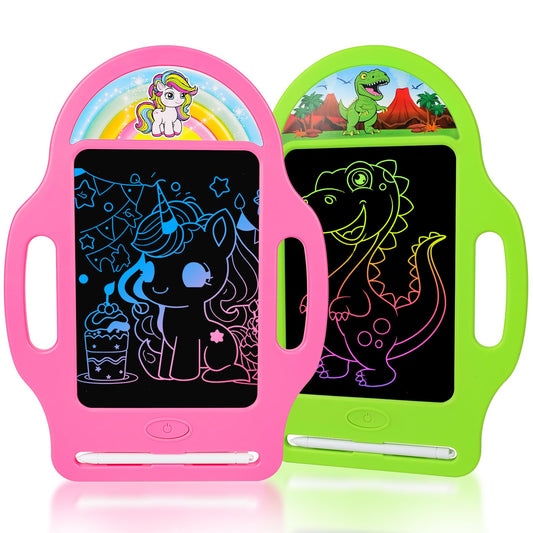 2 Pack 8.5 Inch LCD Writing Tablet for Kids 2-6, Dinosaur & Unicorn Doodle Board with Handle, Travel Car Toy for Twins Siblings, Educational Gift for Boys Girls