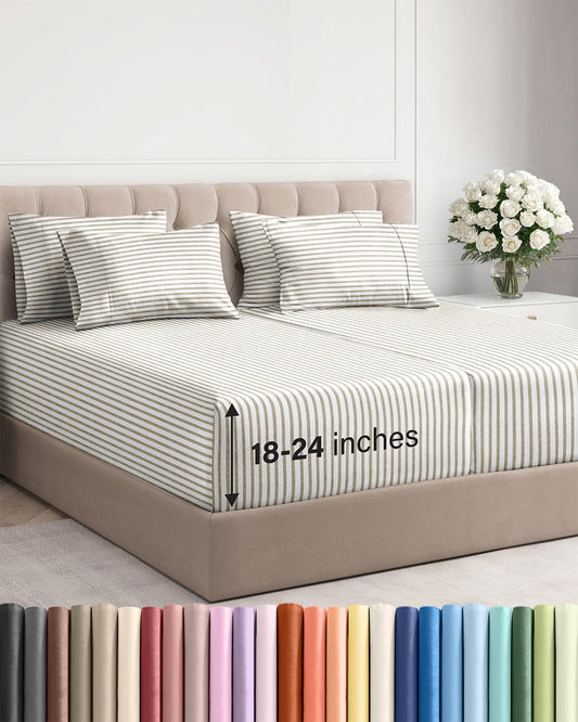 Skiennix Extra Deep Split King Sheet Set - 7 Piece Breathable Cooling Bedding - Soft Wrinkle-Free Beige Stripes