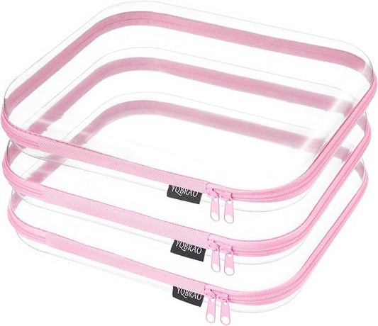 YQBRAO 3-Pack Large Clear Hard Shell Zipper Case, 1.2mm Ultra-Thick Rigid Toy & Closet Organizer, Heavy-Duty Diaper Bag Pouch Set with YKK Zippers, Waterproof Travel Storage (Pink)