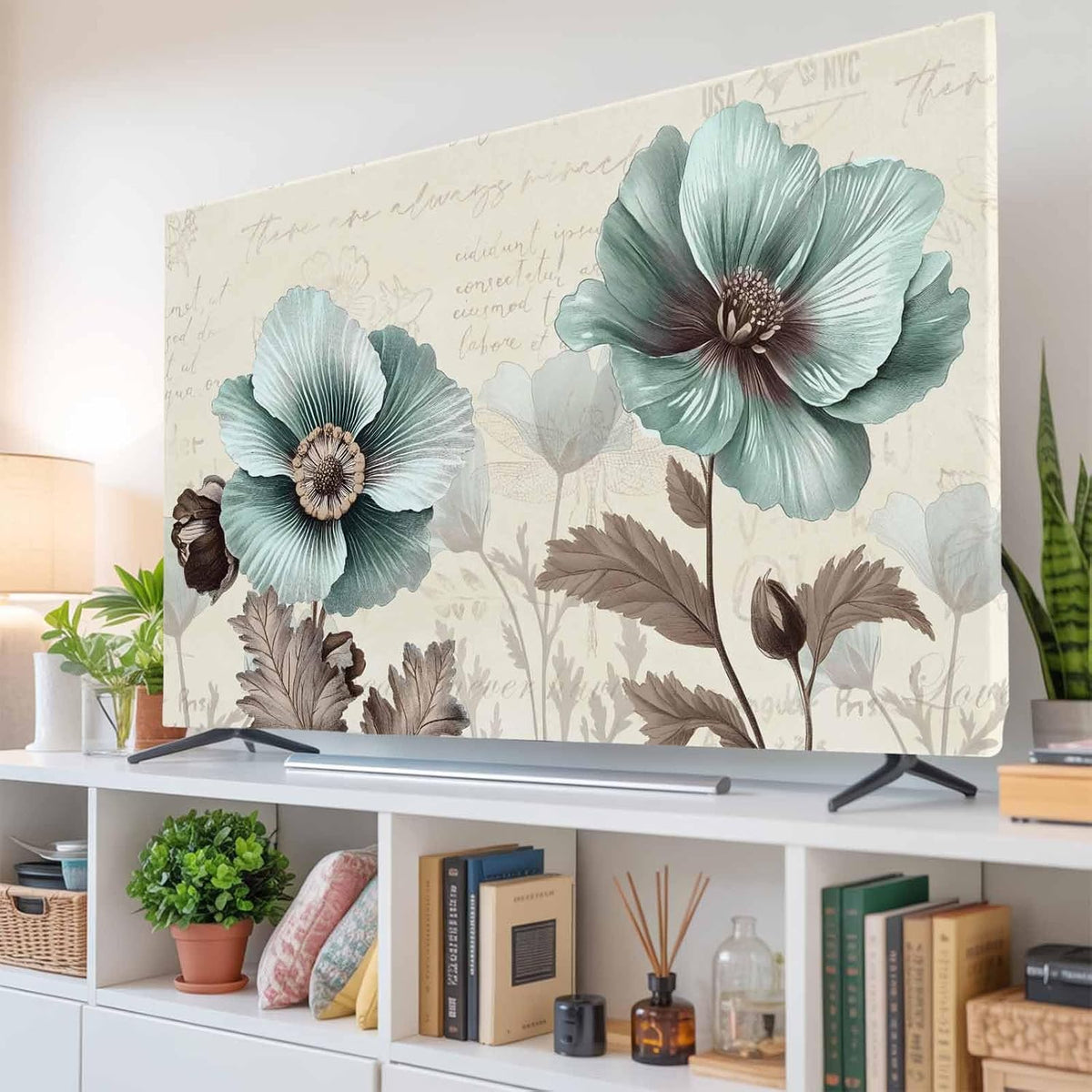 Yukro 85 Inch, 74"x42" Victorian Style Indoor TV Dust Cover, Vintage Blue Flowers Broccoli Elastic TV Dustproof Cover