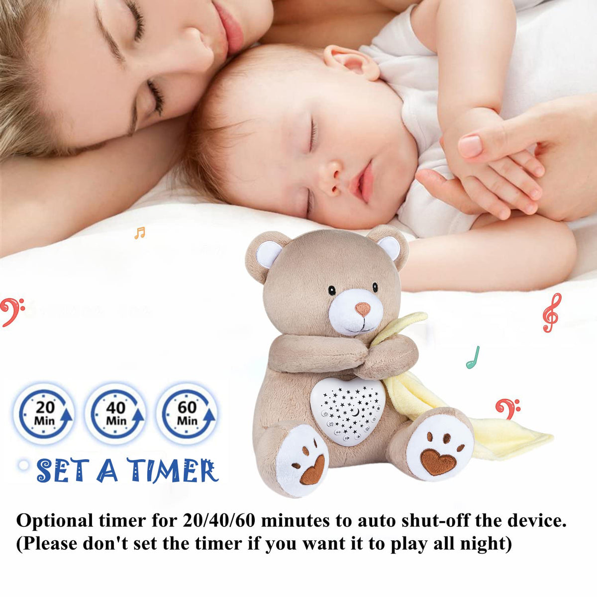 BEREST Rechargeable Baby Sleep Soother Bear, Mom's Heartbeat & Lullabies, White Noise Sound, Nursery Decor Night Light Projector, Toddler Crib Sleeping Aid, Baby Shower Gifts