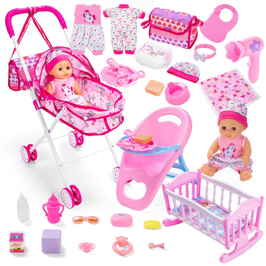 gerleek Baby Doll Stroller Play Set with 12.5" Baby Dolls, 28 Pcs Pretend Role Play Doll Accessories Including Crib, Dining Chair, Doll Clothes, Sunglass, Handbag for Girls Toddlers 3-5 4-6 5-7