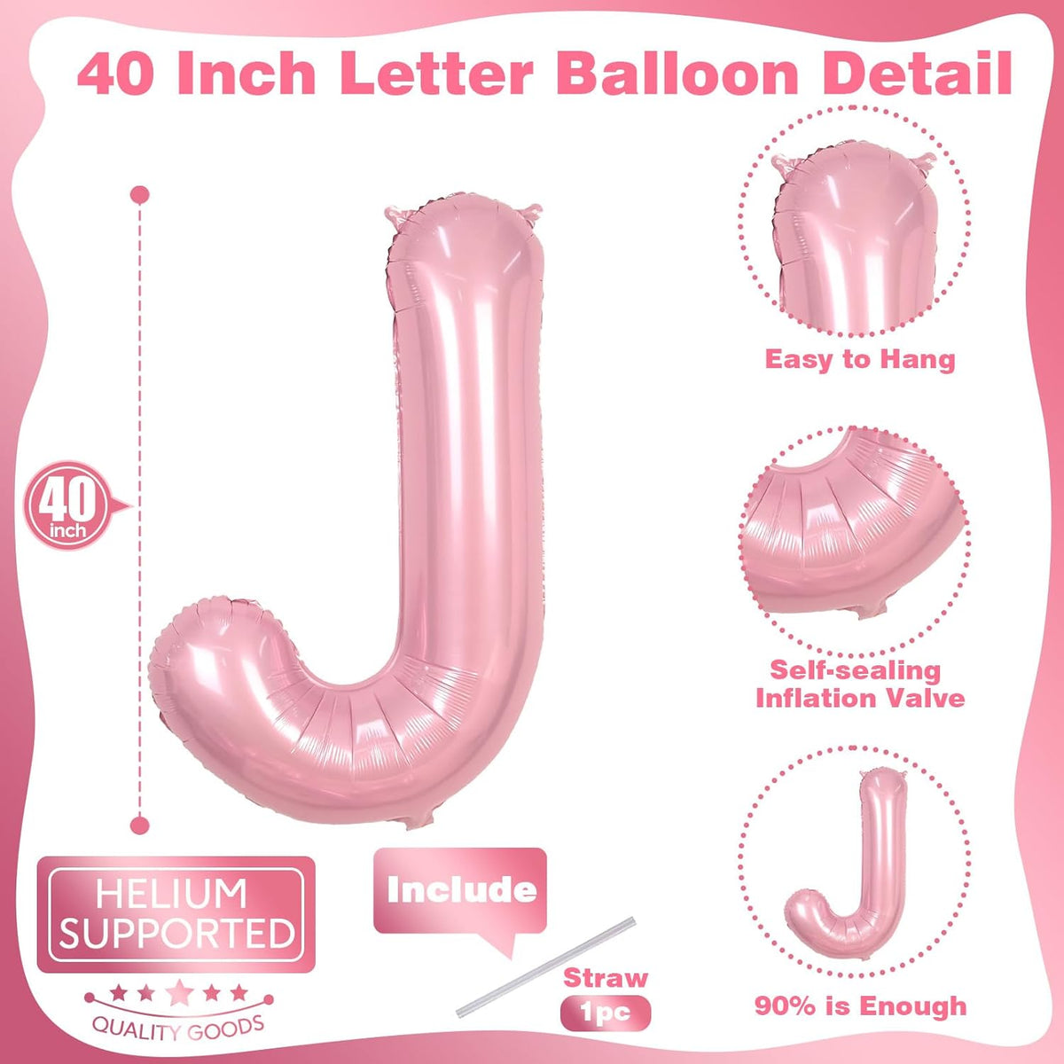 Pastel Pink Balloon Letter J - Large 40 Inch Mylar Foil Alphabet J for Girls' Birthday Party Decor