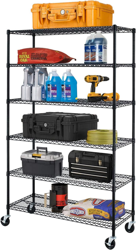 BestOffice 6-Tier Wire Storage Shelves with Wheels - Heavy-Duty Metal Racks | Adjustable | 18x48x78 | Black | No-Tool Assembly