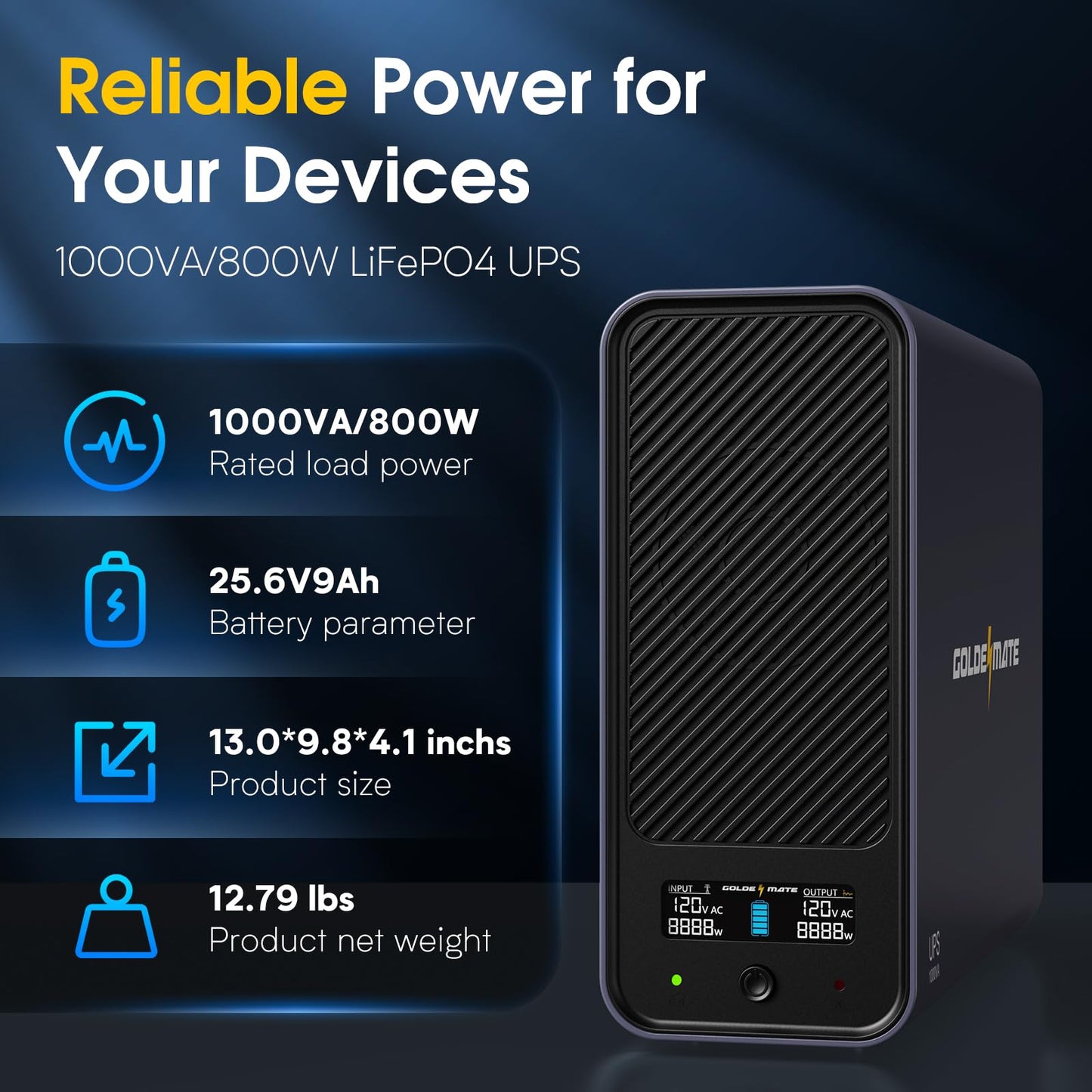 GOLDENMATE 1000VA/800W Lithium UPS Battery Backup and Surge Protector, Sinewave UPS System with LiFePO4 Battery(230Wh),Upgraded Pro Ver. with Communication Port, 8 Outlets, for NAS & Home Office, Gray