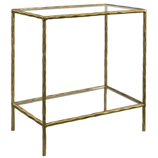 BEGINS Hand Forged Side Table 2 Tier, Vintage End Table Glass Top Coffee Table, Accent Table with Solid Hammered Frame, Suitable for Living Room, Bedroom, Study Room, Entryway (Gold, Rectangle)