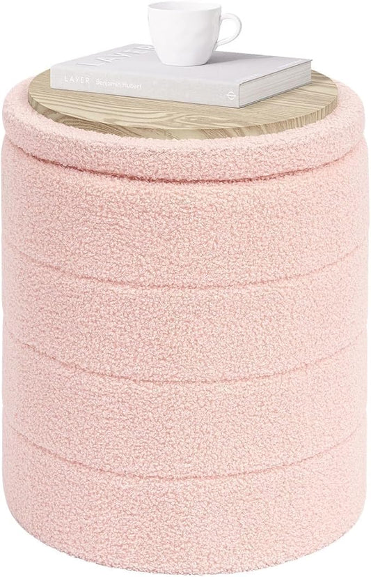 PINPLUS Round Storage Ottoman Foot Rest Stool with Tray Velvet Sherpa Folding Storage Ottoman,Boucle Foot Rest for Living Room, Bedroom, Dorm（Pink）