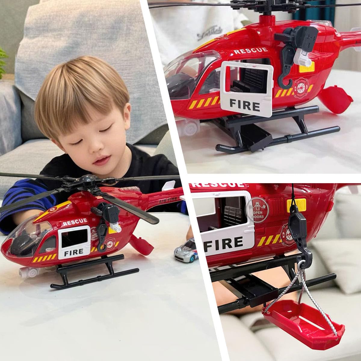 Firefighter Toys Helicopter 15-in Airplane Toys for Kids with Hanging Basket Sounds and Lights for Boys Ages 3 4 5 6 7