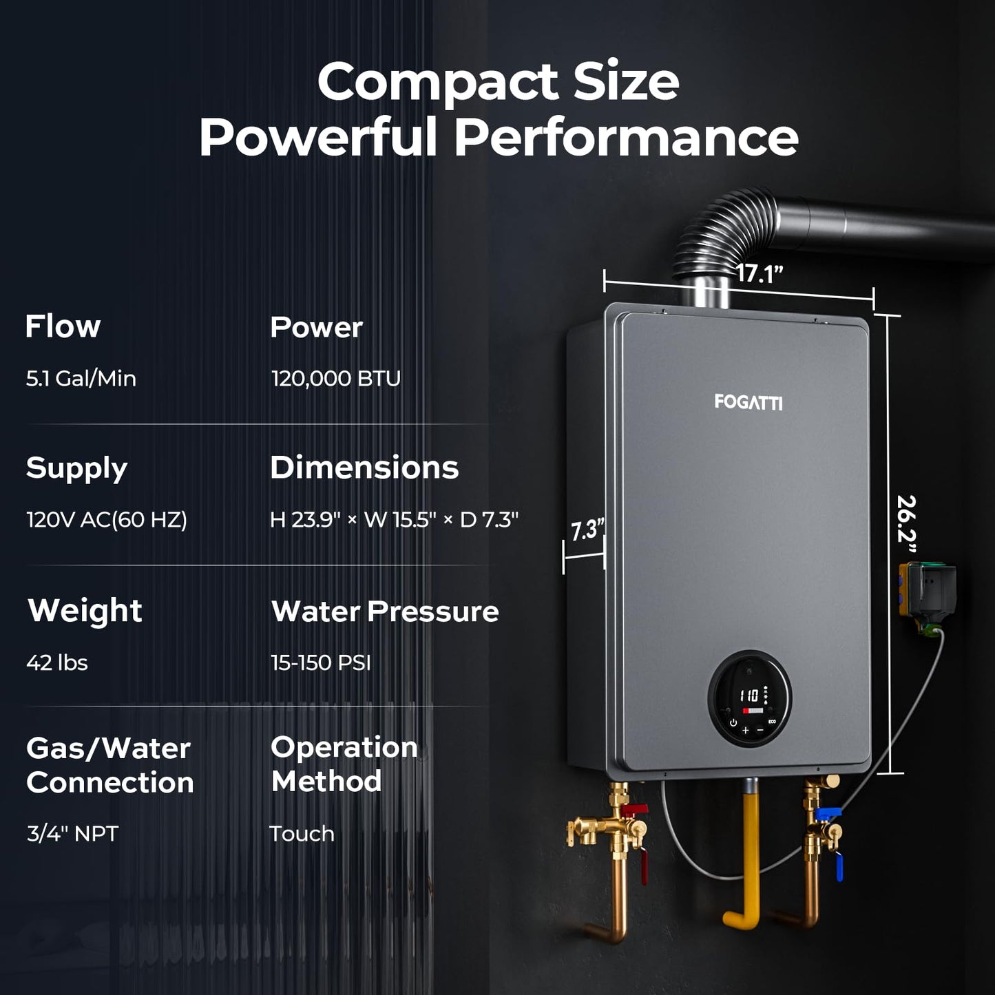 FOGATTI Propane Gas Tankless Water Heater Indoor - Max 5.1 GPM 120,000 BTU, CSA Certified Compact Design On Demand Instant Hot Water Heater - Instagas Comfort 120S Series