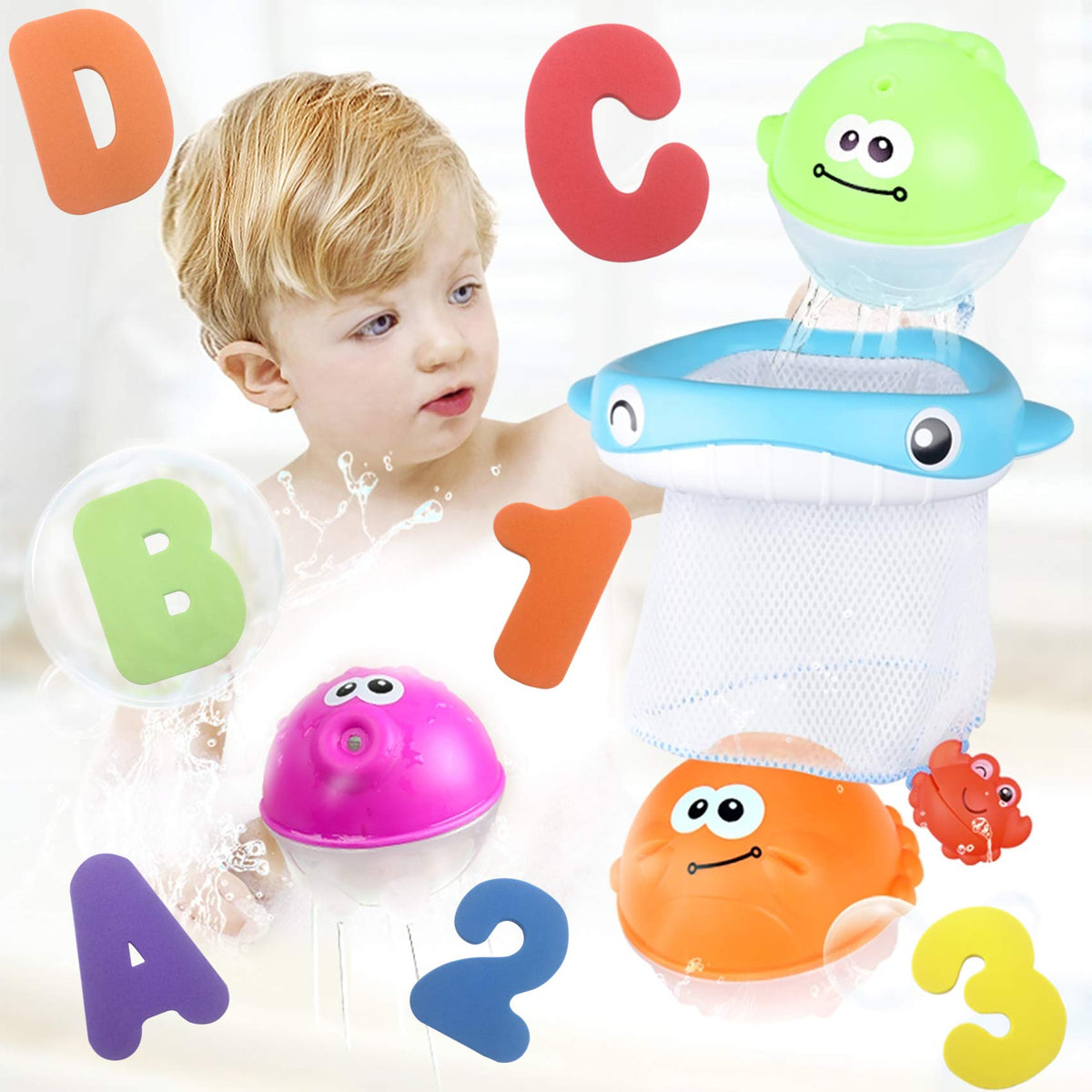 Bath Toy Sets, 36 Foam Bath Letters and Numbers, Floating Squirts Animal Toys Set with Fishing Net and Organizer Bag, Fish Catching Game for Babies Infants Toddlers Bathtub Time