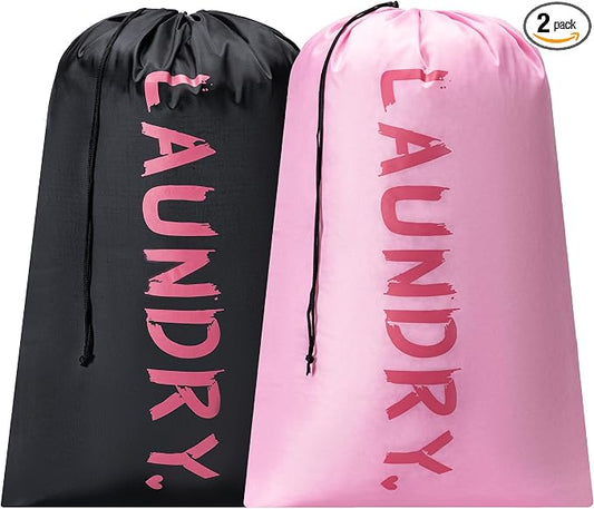 2 Pack XL Travel Laundry Bag, Machine Washable Dirty Clothes Organizer with Drawstring,Large Enough to Hold 4 Loads of Laundry, Easy Fit a Laundry Hamper or Basket Travel Essentials 24" x 36"
