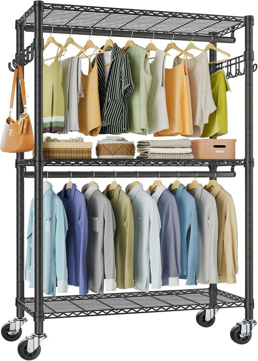 VIPEK R2 Plus Heavy Duty Garment Rack - Adjustable 3-Tier Wire Shelving with Double Rods & Hooks | Black